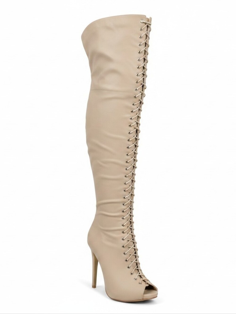 Glaze Over-the-Knee Lace-Up Peep Toe Boots in Nude